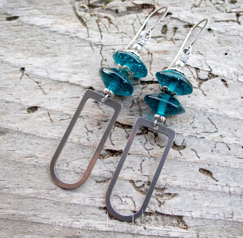 Vintage Teal Vaseline Glass Bead Earrings Stainless Steel U Shape Earrings Old Glass Bead Lover Boho Hippie Chic Earrings Under 30 image 2