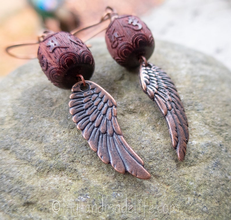 Wing and a Prayer Earrings Natural Carved Blackwood Om Mani Padme Hum Beads Copper Wing Earrings Angel Wing and Om Earrings Under 25 image 8