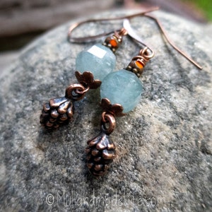 Copper Pine Cone Earrings: Aquamarine Stone Dangle Earrings