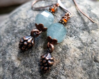 Cute Pine Cone Earrings | Copper Pine Cones | Aquamarine Stones  | Fall Wedding | Autumn Jewelry l Nature Lover Jewelry | Earrings Under 25