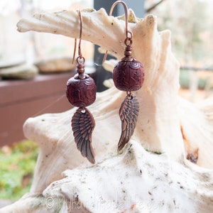 Wing and a Prayer Earrings Natural Carved Blackwood Om Mani Padme Hum Beads Copper Wing Earrings Angel Wing and Om Earrings Under 25 image 10