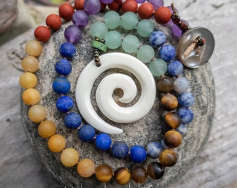 Chakra Stone Colors Necklace | Hand-Knotted Stone Necklace | Bone Spiral | Natural Stones | Yoga Lover | Hypoallergenic | Necklace Under 50