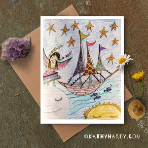 Moon Girl Note Card / Original Drawing de Kathy Hardy / Just Because Card / Blank Notecard / Unique Greeting Card / Cute Greeting Card