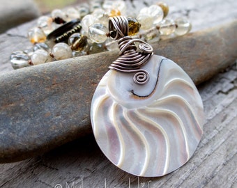 Nautilus Shell Pendant | Natural Green Tourmaline Stones | One of a kind Necklace | Hand Knotted Necklace | Beach Lover | Necklace Under 55