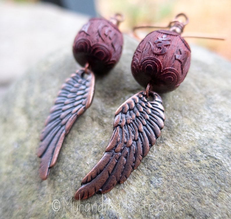 Wing and a Prayer Earrings Natural Carved Blackwood Om Mani Padme Hum Beads Copper Wing Earrings Angel Wing and Om Earrings Under 25 image 7