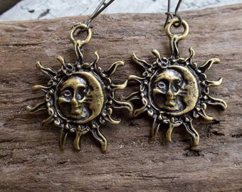 Pendientes de bronce de sol y luna: Joyería de eclipse celestial
