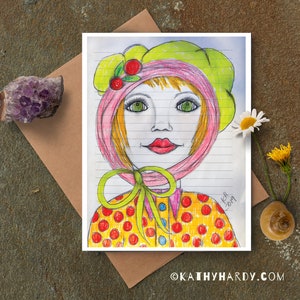 Chica con tarjeta de sombrero verde / dibujo original por Kathy Hardy / Just Because Card / Blank Notecard / Unique Greeting Card / Cute Greeting Card