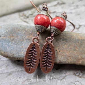 Copper Tree Earrings: Red Coral Beads, Tibetan Silver Caps
