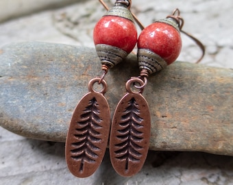 Love of Trees Earrings | Tibetan silver capped Red Coral Beads | Copper Tree Earrings | Tree Lover Earrings | Copper Tree Earrings Under 25