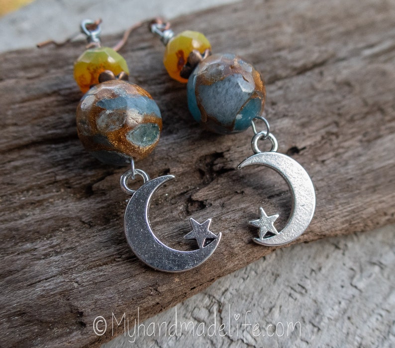 Bride Bridesmaid Hippie Chick Flower Child Woodland Wedding l Earrings Under 25 Moon and Stars Earrings || Celestial Earrings