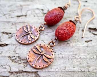 Copper Dragonfly Earrings |  Natural Red Sponge Coral Beads  | Autumn Wedding | Autumn Jewelry l Nature Lover Jewelry | Earrings Under 25