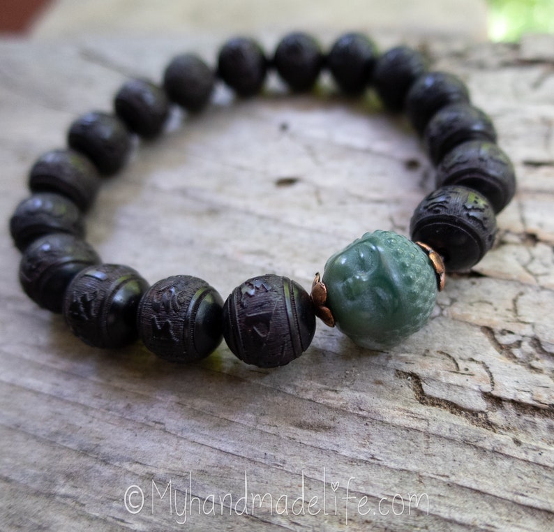 Black Carved OM Mantra Natural Sandalwood Beads Scent Therapy Bodhi Root Buddha Head Tibetan Buddhist Mantra Wood Bracelet Under 25 image 6