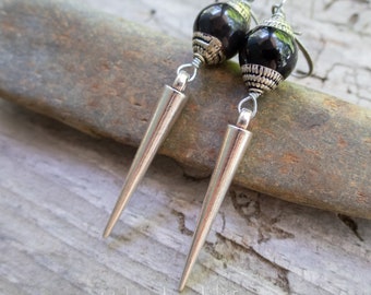 Back in Black Earrings | Black Onyx | Long Spike Earrings | Silver Capped Black Onyx Stone | Black and Silver | Long Spike Earrings Under 25