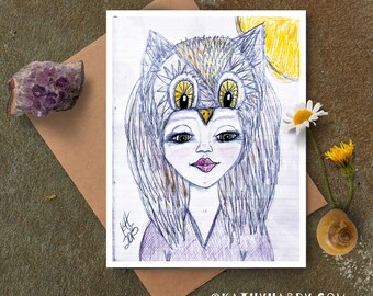 Girl with Owl Hat Drawing | Original Drawing by Kathy Hardy | Just Because Card | Blank Notecard | Unique Greeting Card | Cute Greeting Card