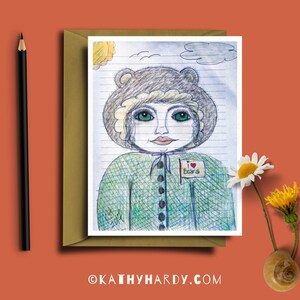 Ich liebe Bären Zeichnung | Original-Zeichnung von Kathy Hardy | Nur weil Karte | Leere Notecard | Einzigartige Grußkarte | Süße Grußkarte