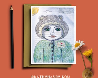 I love Bears Drawing | Original Drawing by Kathy Hardy | Just Because Card | Blank Notecard | Unique Greeting Card | Cute Greeting Card