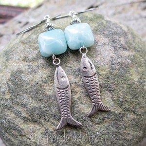 Fish Charms Fish Earrings Fish Lover Amazonite Stones Vintage Fish Charms One of a kind l Earthy & Organic Earrings Under 25 image 1