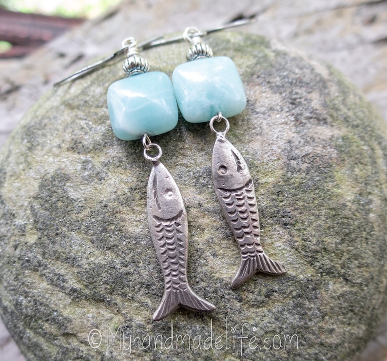 Fish Charms Fish Earrings Fish Lover Amazonite Stones Vintage Fish Charms One of a kind l Earthy & Organic Earrings Under 25 image 1