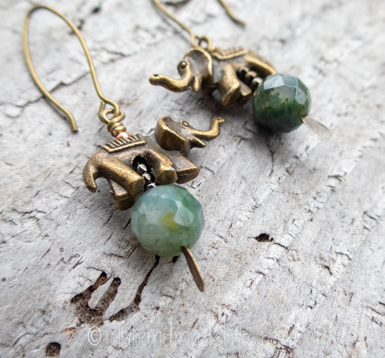 Elephant Earrings Faceted Aventurine Stone Elephant Lovers Earthy Boho Hippie Animal Lover Jewelry Woodland Earrings Under 20 image 4