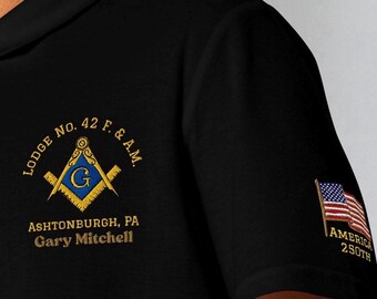 Masonic Polo with Patriotic Detail | Custom Embroidered Freemason Shirt America 250th Anniversary Lodge Apparel Prince Hall Mason Gift