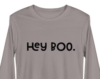 Hey Boo Shirt | Adult Halloween Gift Minimalist Halloween Shirt Hip Hop T Shirt Funny Halloween TShirt Long Sleeve T-Shirt Cute Ghost Shirt