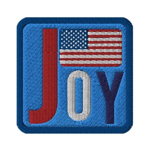 May include: A blue denim patch with the word "JOY" in red, white, and blue lettering. The "O" is a circle and the "J" and "Y" are stylized. An American flag is in the upper right corner of the patch.