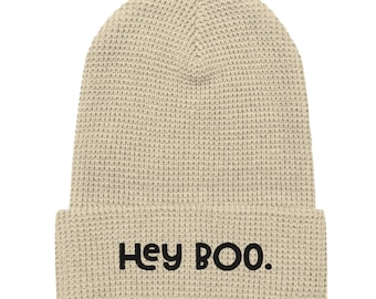 Hey Boo Embroidered Waffle Knit Beanie - Halloween Hip Hop Hat