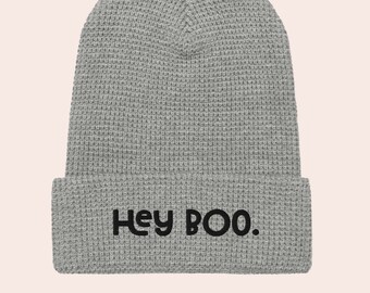 Hey Boo Embroidered Waffle Knit Beanie - Halloween Skull Cap