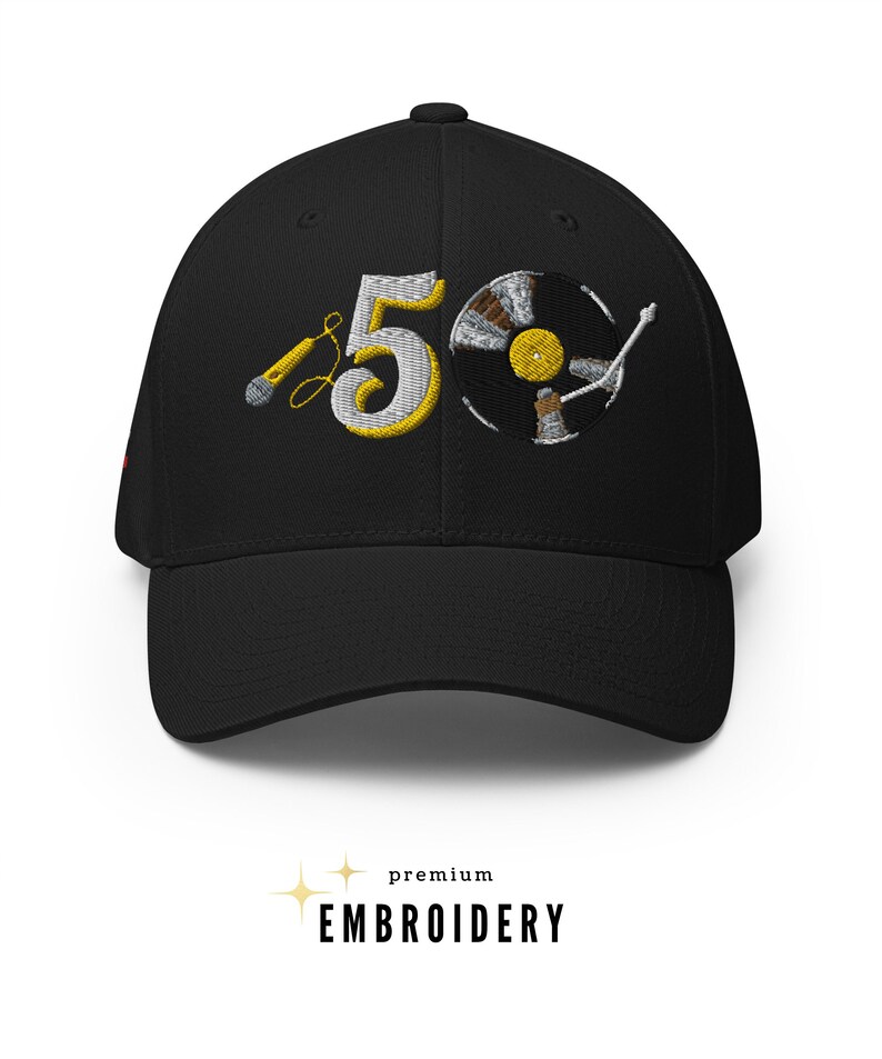 50 Years of Hip Hop Hat Embroidered Premium Twill Fitted Cap Hip Hop Streetwear Apparel DJ Gift Rap Hat 50 Years of Hip Hop Hat Camo Black