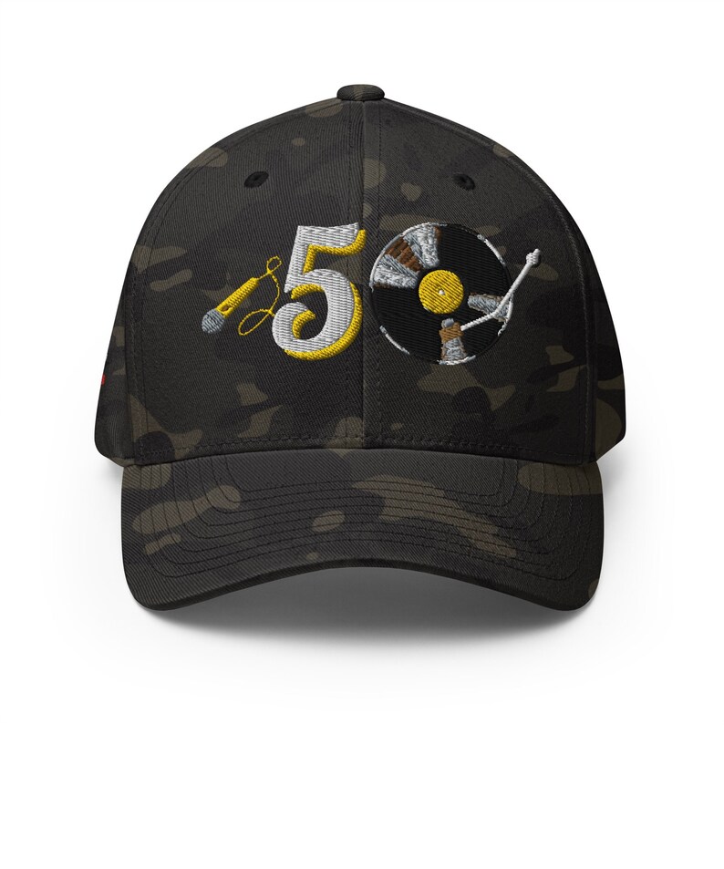 50 Years of Hip Hop Hat Embroidered Premium Twill Fitted Cap Hip Hop Streetwear Apparel DJ Gift Rap Hat 50 Years of Hip Hop Hat Camo Multicam Black