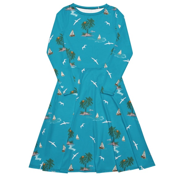 Tropical Sailboat Print Midi Dress: Island Vacation Clothing - Etsy Israel