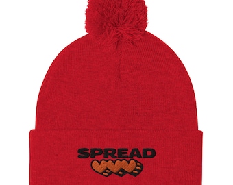 Embroidered Hearts Pom Pom Beanie - "Spread Love" Winter Hat