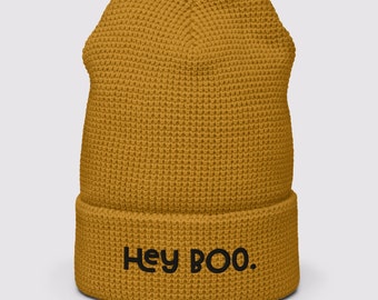 Embroidered Waffle Knit Beanie: Hey Boo Halloween Skull Cap