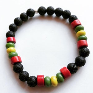 Rasta Inspired Bracelet | African Bead Bracelet Red Yellow Green Jewelry Stretch Bracelet for Men Rasta Bead Jewelry Lava Beads Bob Marley