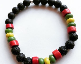 Rasta Inspired Bracelet | African Bead Bracelet Red Yellow Green Jewelry Stretch Bracelet for Men Rasta Bead Jewelry Lava Beads Bob Marley