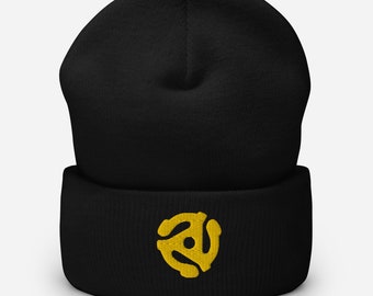 45 Record Adapter Beanie | DJ Gift | Retro Skull Cap | Vinyl Collector Gift | Old School Music Gift | Premium Embroidered Cuffed Beanie