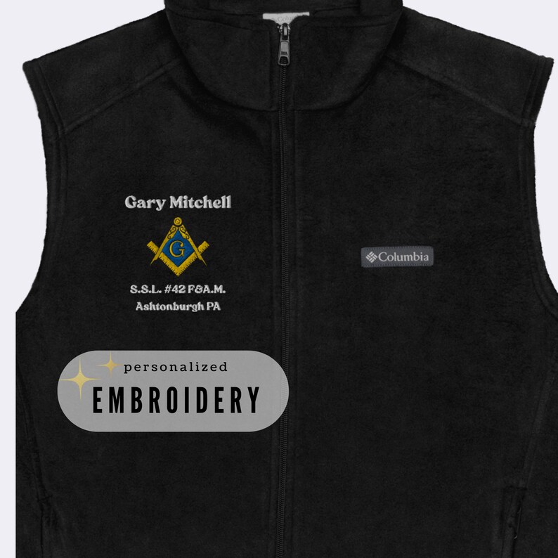 Masonic Vest Personalized Columbia Fleece Vest Mason Gift Embroidered Fleece Outerwear with Embroidery Masonic Apparel Jacket Masonic Patch image 2