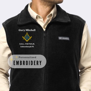 Masonic Vest Personalized Columbia Fleece Vest Mason Gift Embroidered Fleece Outerwear with Embroidery Masonic Apparel Jacket Masonic Patch image 1