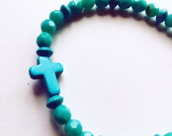 turquoise cross bracelet | religious bracelet | Christian bracelet | bead bracelet | stretch bracelet | stack bracelet | glass bead bracelet