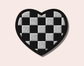 Checkered Heart Embroidered Patch | Iron Sew On Patch Embroidery Patch Checkered Print Checkered Patch Heart Embroidery Heart Checker Print