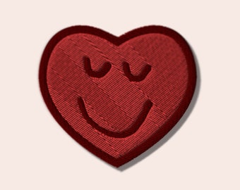 Retro Pink Heart Smiley Face Patch: Embroidered Iron-On Appliqué