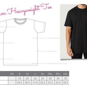 May include: A size chart for a heavyweight t-shirt, showing chest width and body length measurements in inches for sizes XS to 4XL.