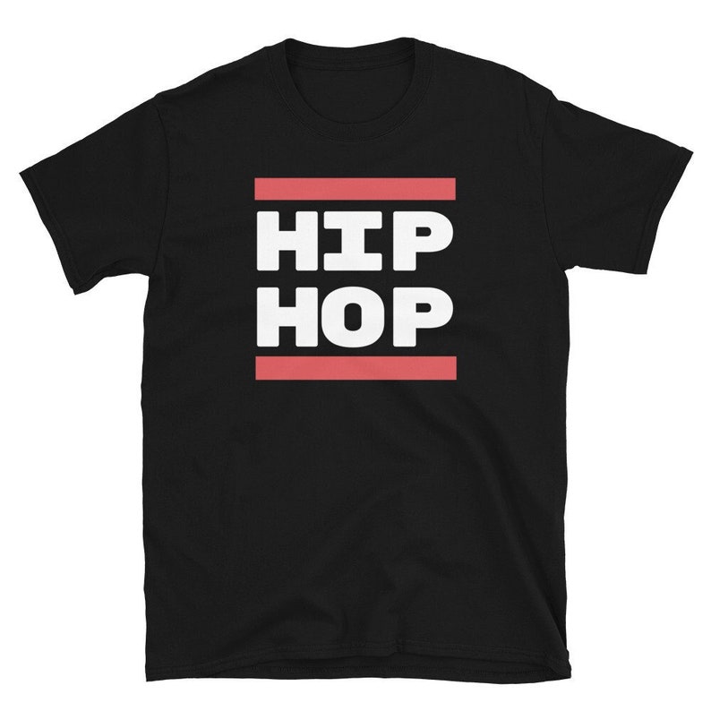 May include: Black t-shirt featuring the white text "HIP HOP" in a bold font, set between two red horizontal lines. The tee shirt is made of a soft material and has short sleeves.