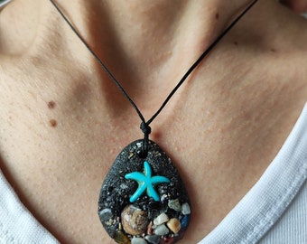 Collar de océano de estrella de mar turquesa, colgante de concha marina, cordón negro, joyería de playa, collar de arena magnético minimalista de sirena, regalo para ella, mamá mamá