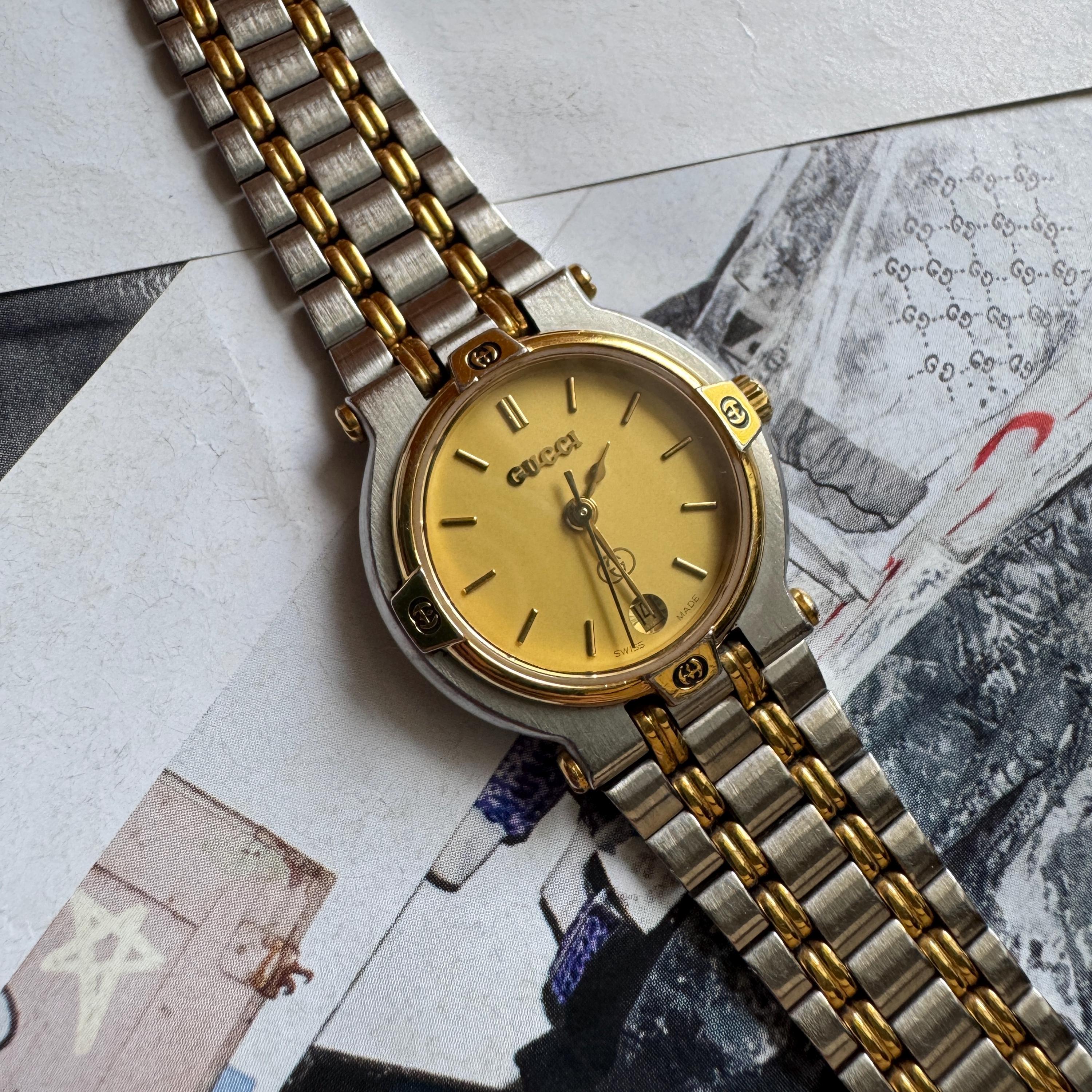 GUCCI 9000L ゴールド シルバー 時計 Auth GUCCI 9000L Gold Dial SILVER DATE VINTAGE SWISS MADE