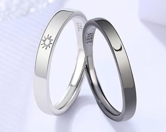 Moon and Sun Couple Ring - Unique Star Matching Rings Dainty Jewelry for Couples Men Women - Sterling Silver Promise Ring Gift for Her Him