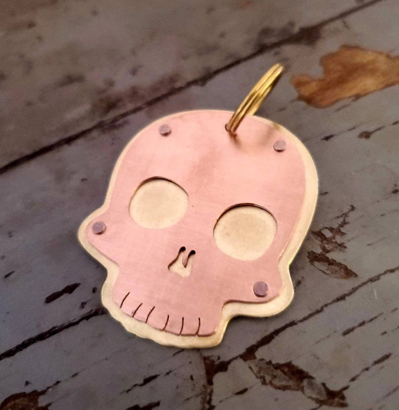 Skull Pet Tag copper on brass