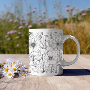 Wildflower Mug, White Ceramic Flower Mug, Coffee Mug, Gift For Her