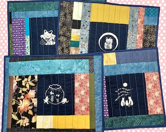 Japanese Kitties Patchwork Quilted Placemats - Set of 4 - no.07