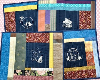 Japanese Kitties Patchwork Quilted Placemats - Set of 4 - no.06